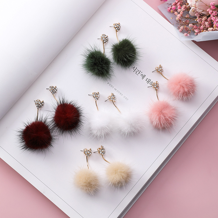 Full diamond love color hairy ball earrings sweet heart-shaped temperament long section pom-pom earrings fashion earrings