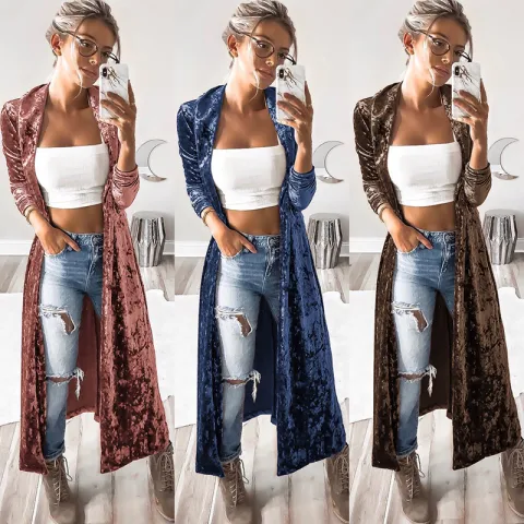 Women's Fashion Velvet Jacket Autumn Long Coat Stitch Outerwear