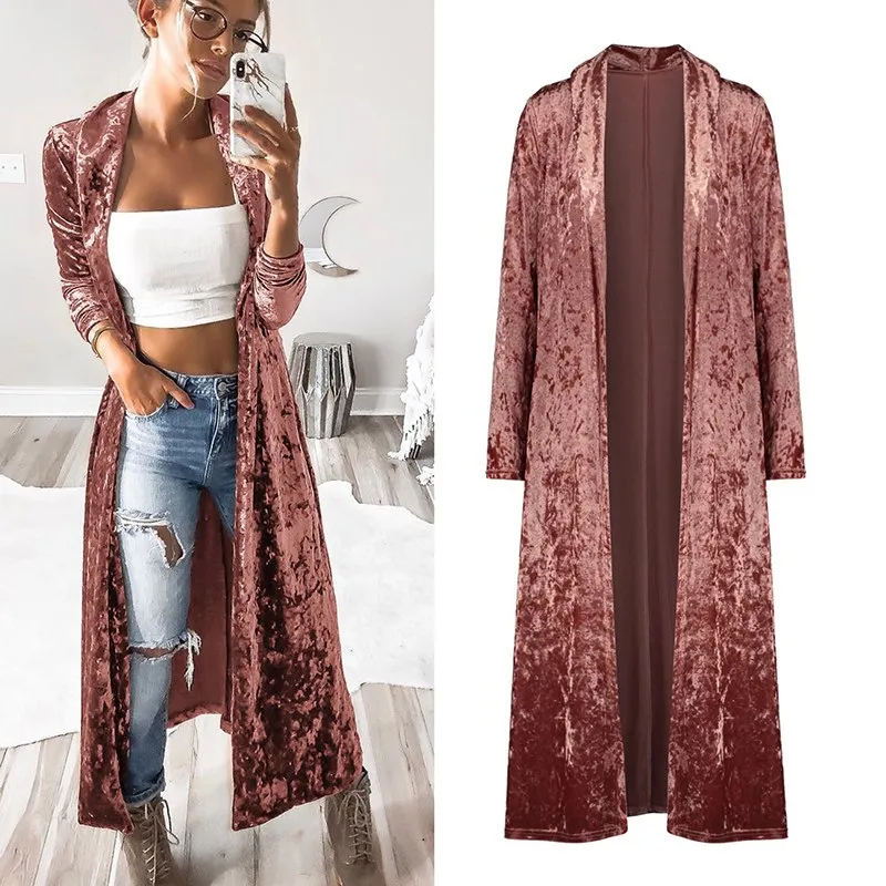 Women's fashion velvet jacket autumn long coat stitch outerwear coat casual tops cardigan women clothing plus size - Pink