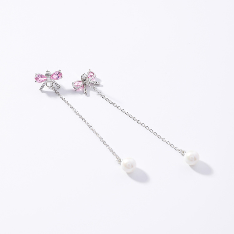 925 Silver Needle Micro Zircon Bow Earrings Beads Small Pearl Temperament Long Fringe Earrings