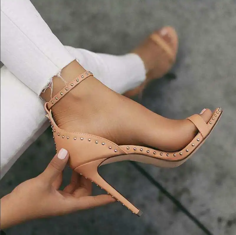 Europe and the United States word buckle stiletto shoes women's shoes rivet super high heel sandals - Brown