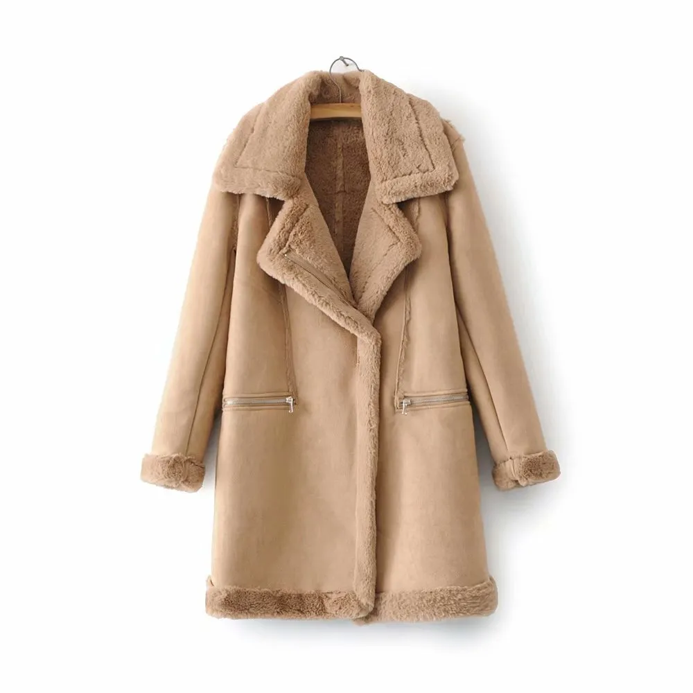 Women's Winter Suede Leather Jacket Motorcycle WomenThicken Lambswool Fur Long Leather Coat Female Warm Outerwear Womens - Khaki