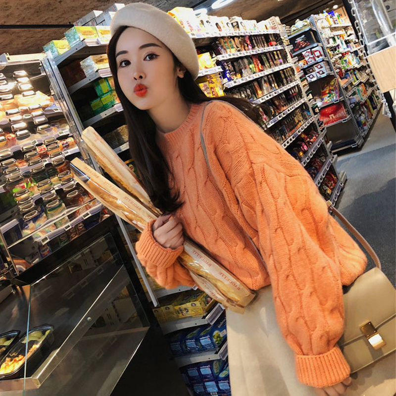 Autumn and winter new round neck short sweater women's head loose lazy wind sweater wild retro bottoming shirt