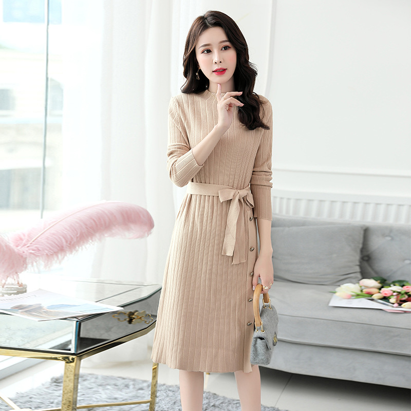 winter new women's sweater dress fashion striped slim A-line skirt