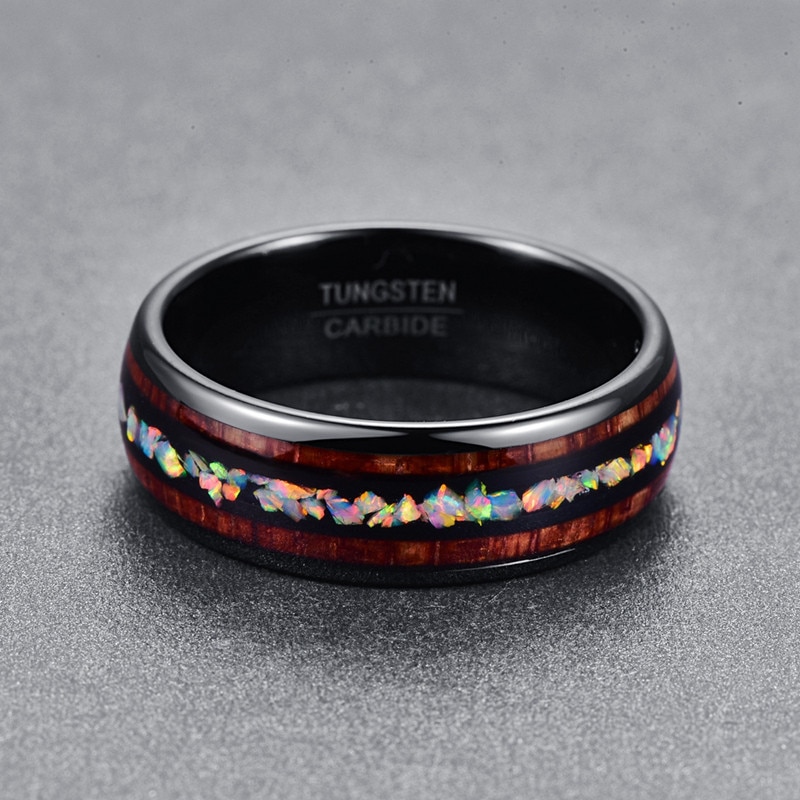 Black Acacia Wood Opal Tungsten Steel Ring