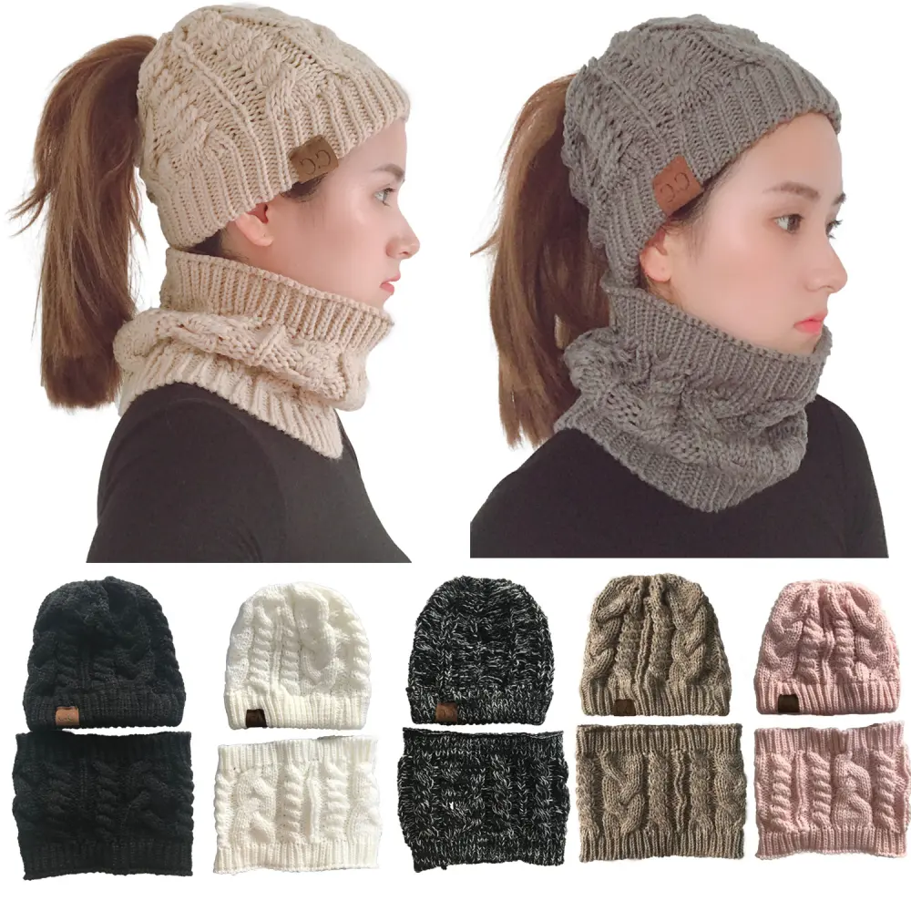 Autumn Winter Women's Hat Caps Knitted Warm Ring Scarf