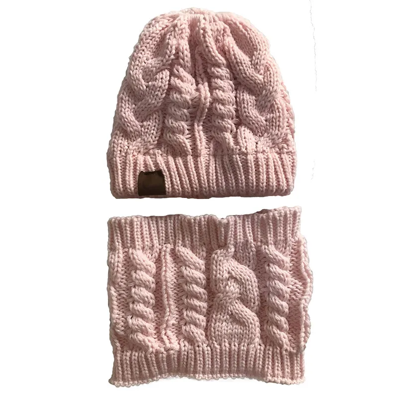 Autumn Winter Women's Hat Caps Knitted Warm ring Scarf Windproof Balaclava Multi Functional CC ponytail Hats Scarf Set For Women - Pink