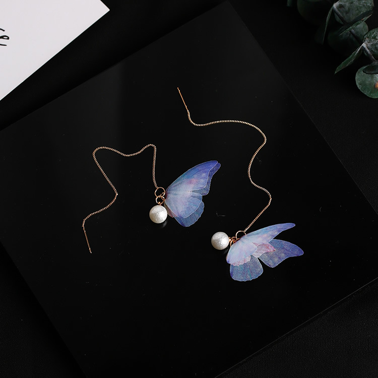 Butterfly Temperament Pearl Long Earrings Asymmetrical Tulle Butterfly Pearl Zircon Earrings