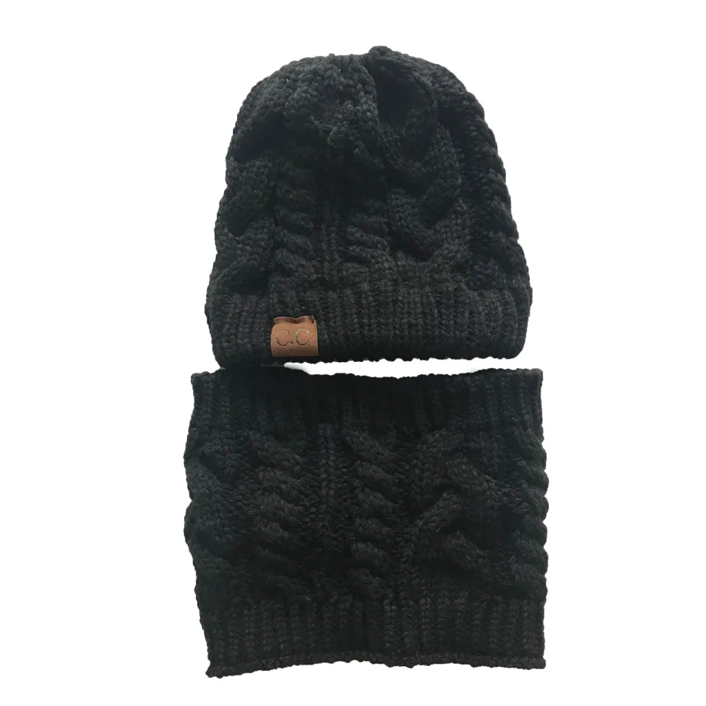 Autumn Winter Women's Hat Caps Knitted Warm ring Scarf Windproof Balaclava Multi Functional CC ponytail Hats Scarf Set For Women - Black