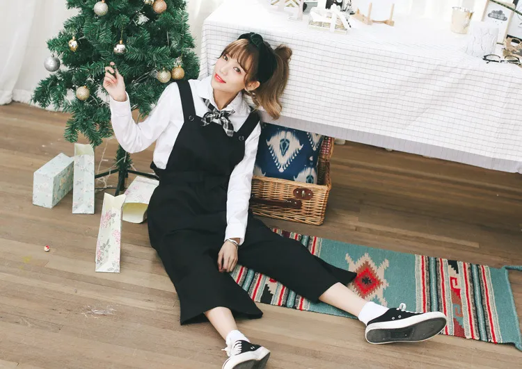 College style loose Korean version of the pants trousers wide leg bib casual high waist pants - Black