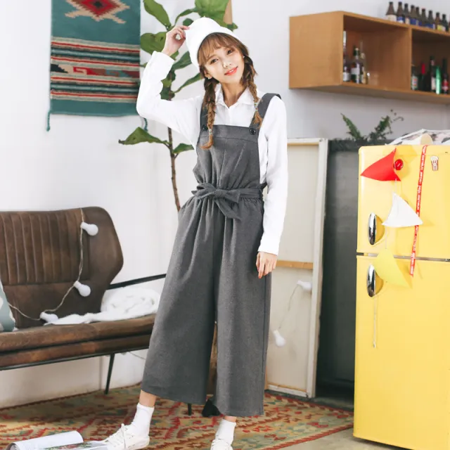 College style loose Korean version of the pants trousers wide leg bib casual high waist pants Gray - Shop at LoveMi