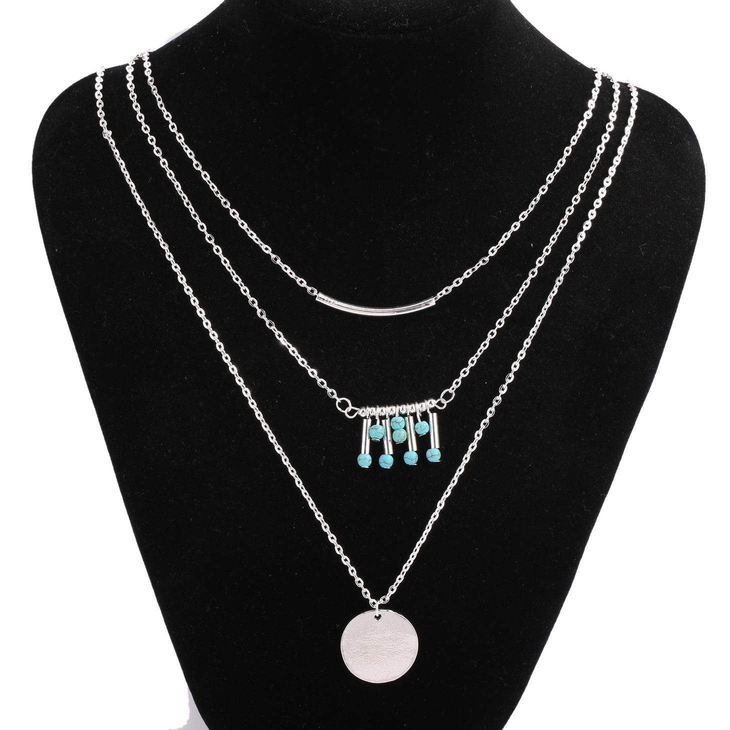 European and American fashion metal tube multilayer sequins turquoise beads clavicle chain