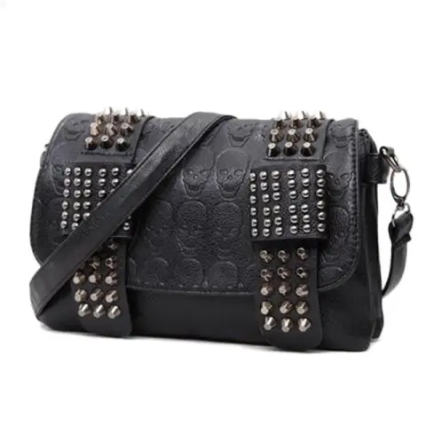 Fashion Women Black Leather Messenger Bags Vintage Cool Skull
