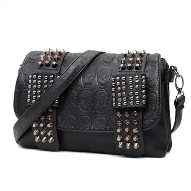 Fashion Women Black Leather Messenger Bags Vintage Cool Skull