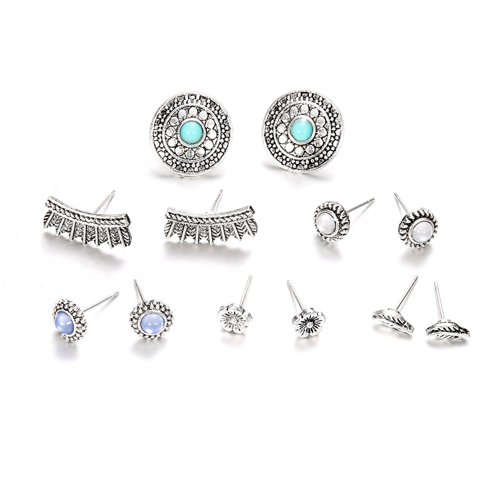Fashion 6 pairs of vintage carved diamonds and turquoise earrings set earrings