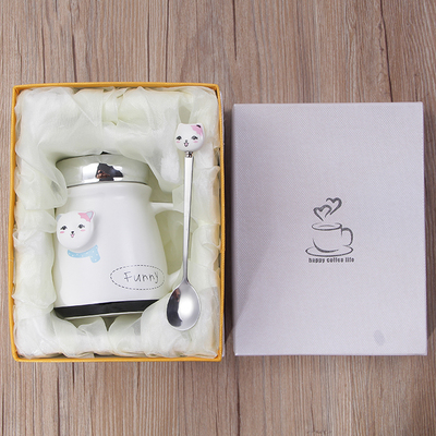 Ceramic cup with lid spoon cute coffee drinking cup