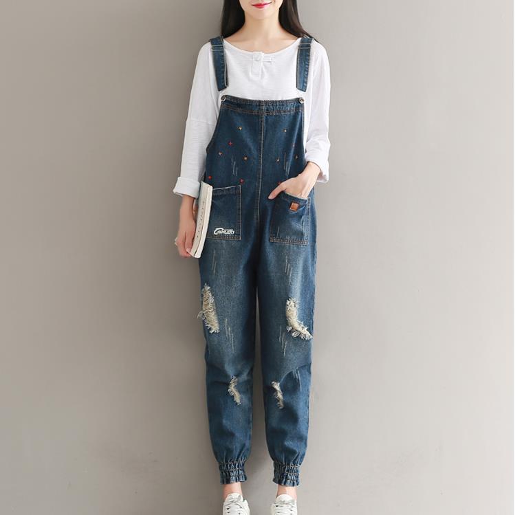 Literary retro loose large size embroidery hole denim bib