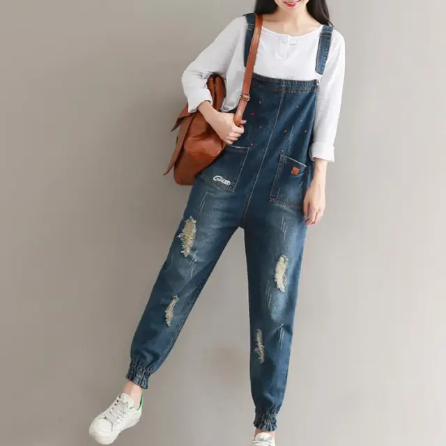 Literary retro loose large size embroidery hole denim bib Tibetan Blue - Shop at LoveMi
