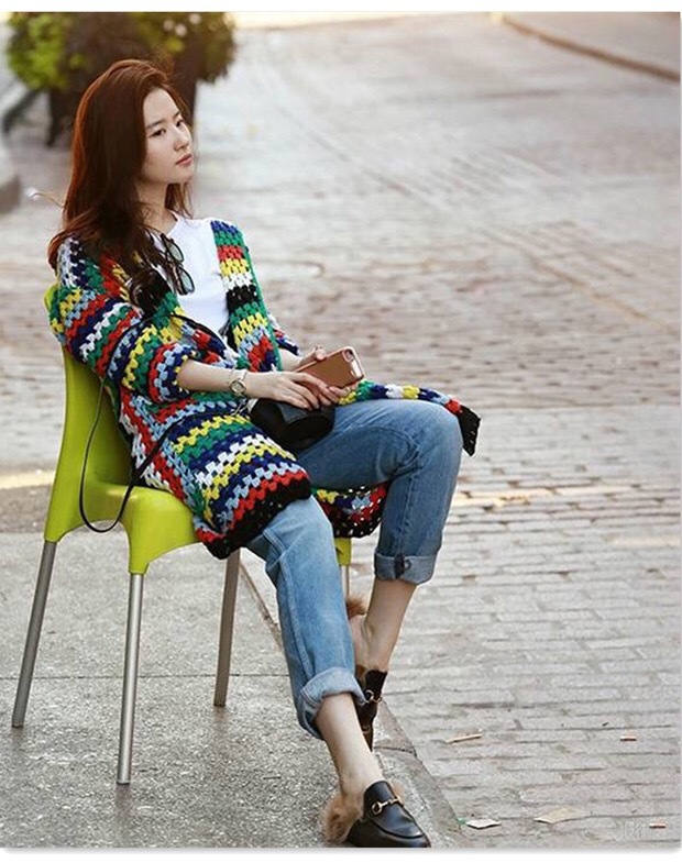 Hand-knitted rainbow striped hooded cardigan autumn long sweater coat