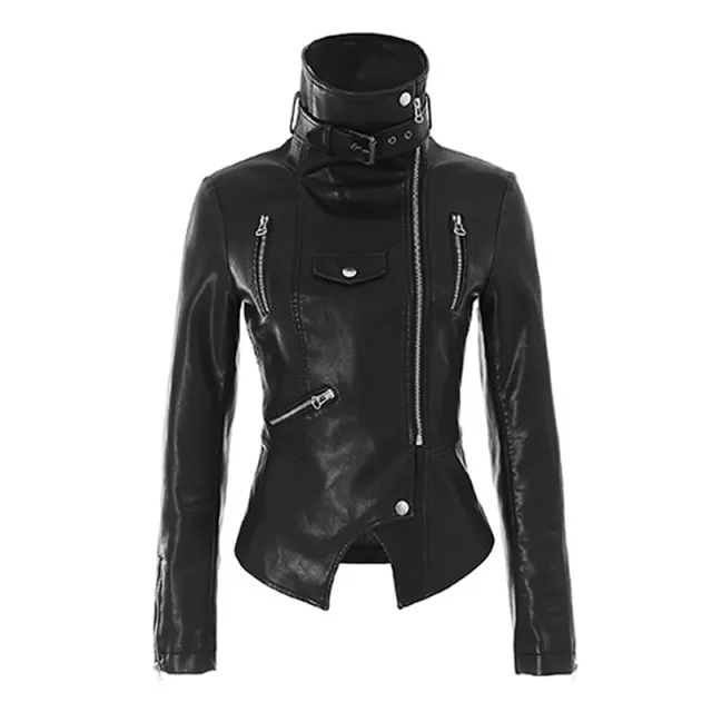 Leather women's jacket autumn new Korean students Slim thin motorcycle leather jacket high waist Black - Shop at LoveMi