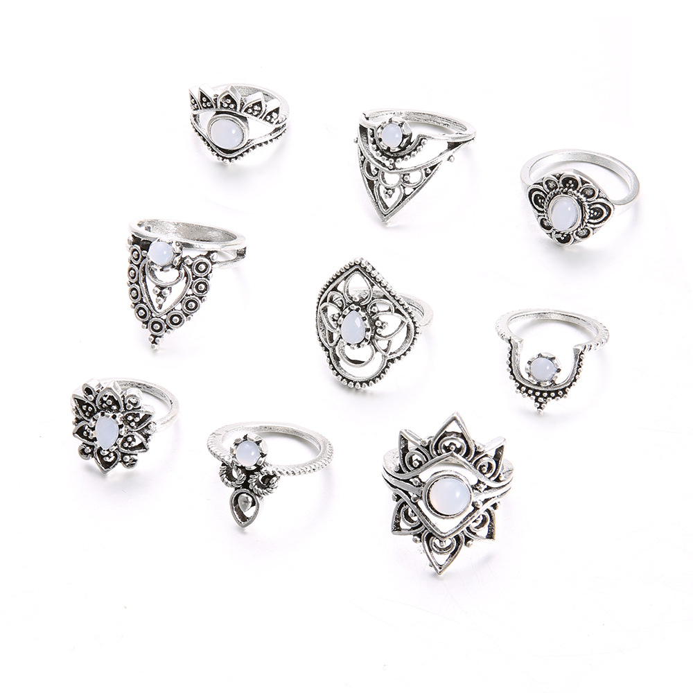 Vintage Diamond Carved Crown Starry Gem Exaggeration 9 Piece Set Set Ring