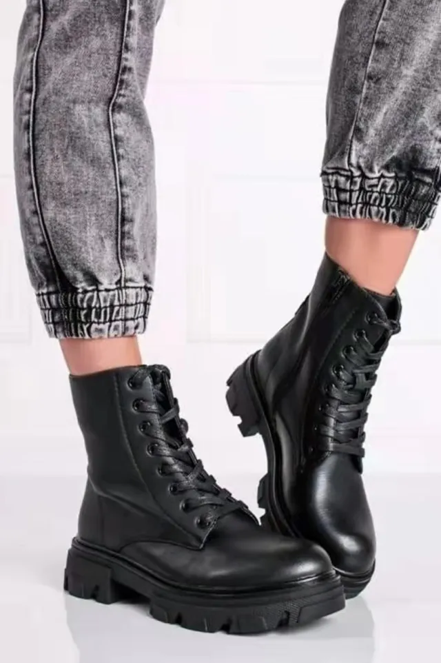 Round Toe Thick soled Leather Ankle Boots British Style Large Size High top Women's Boots Black - Shop at LoveMi