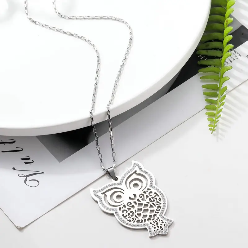 Women's Stainless Steel Set Zircon Owl Pendant Necklace