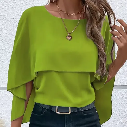 Solid Layered Cloak Sleeve Blouse, Versatile Crew Neck Blouse For Spring & Fall, Women's Clothing Olive Green - Shop at LoveMi
