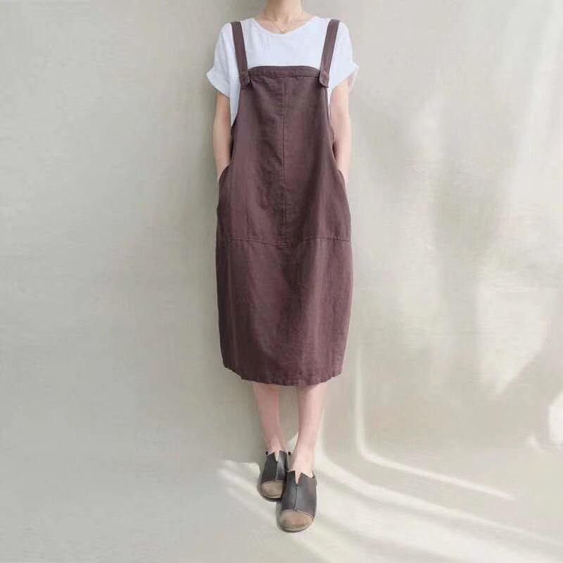 Cotton and linen strap skirt female spring and summer a-shaped split loose large section in the long paragraph large size Harajuku linen dress