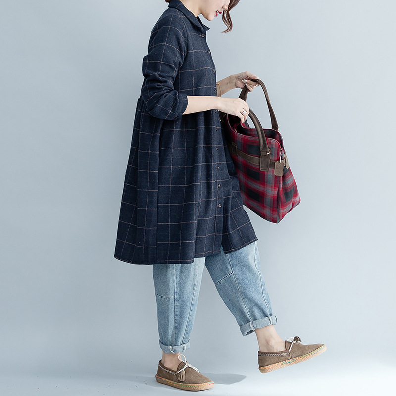 Mori women's autumn and winter new college wind wool long-sleeved long dress thick plaid skirt