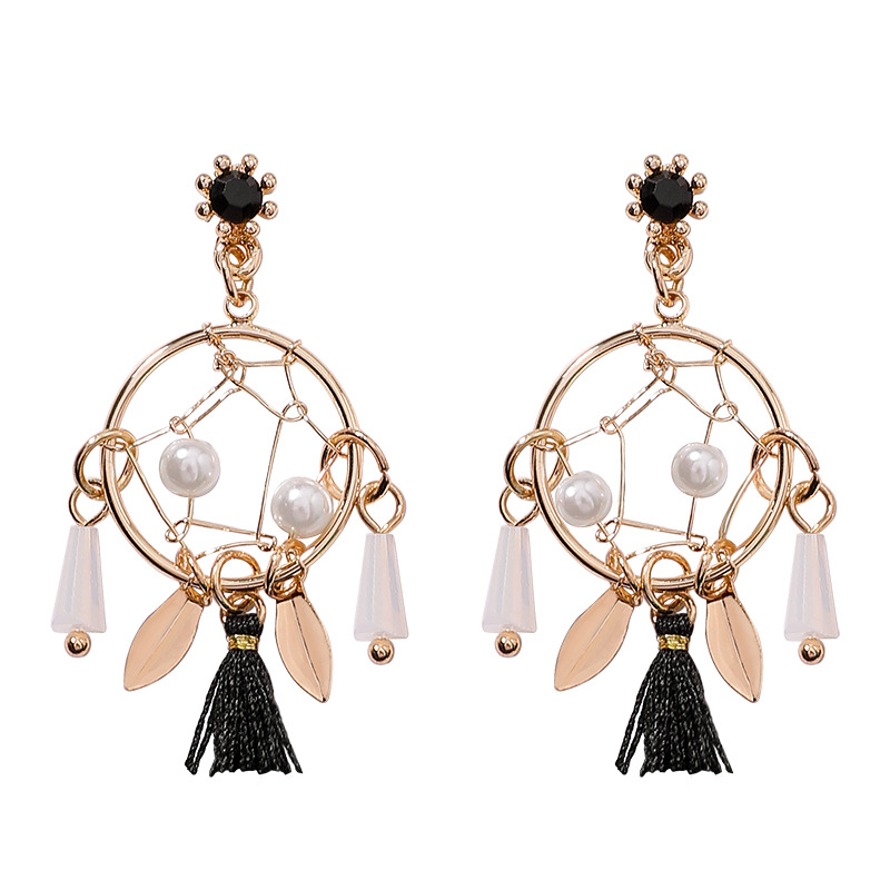 Sweet circle metal hollow rhinestone pearl earrings