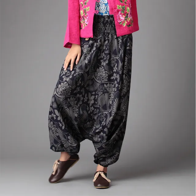 National style big pants Black And Blue Fan Flowers - Shop at LoveMi