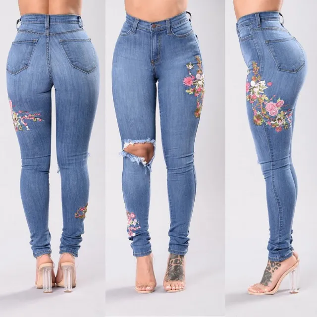 Women's denim pants embroidered jeans trousers Light Blue - Shop at LoveMi