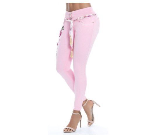 Embroidered feet, high elastic jeans Pink - Shop at LoveMi