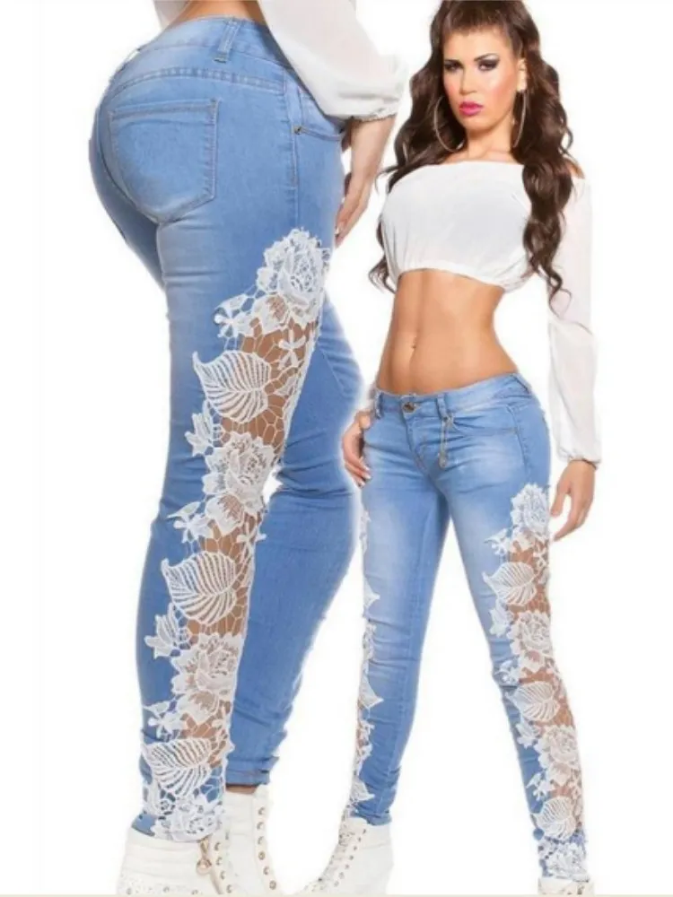 Sexy lace perspective stitching jeans - White