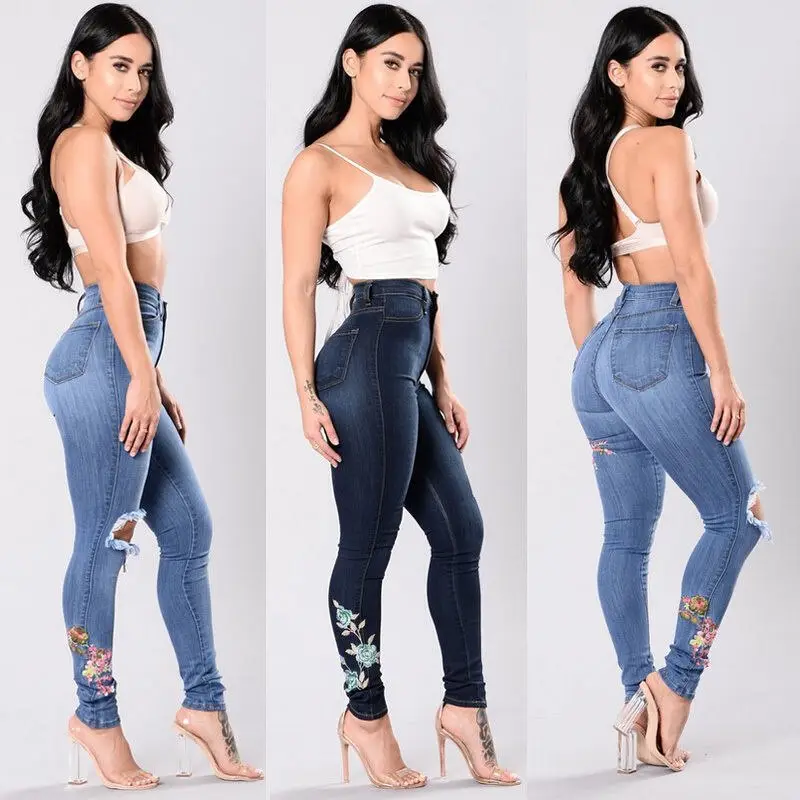 Women's Denim Pants Embroidered Jeans Trousers