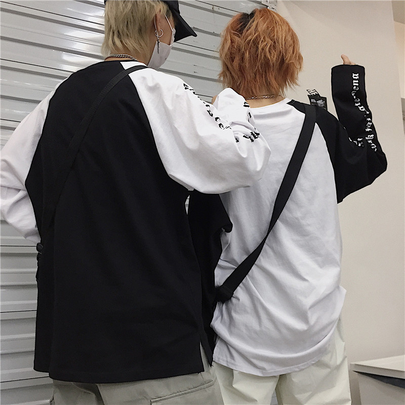 Korean retro arm Sanskrit print colorblock raglan sleeve long sleeve