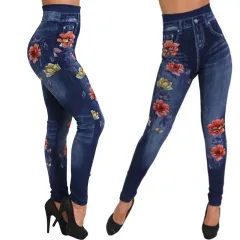 Seamless Cotton Imi Tation Denim Leggings - Blue - View 1