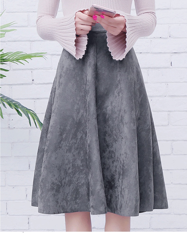 تنورة ميدي نسائية من الجلد المدبوغ بخصر عالي - تصميم كلاسيكي شتوي بطيات واسعة - تنورة سوداء بتصميم A-Line