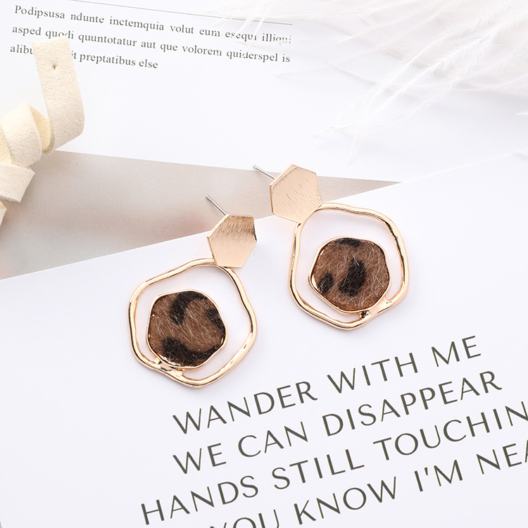 Popular Hexagon Sequins Irregular Sexy Leopard Earrings Suede Metal Personality Geometric Earrings