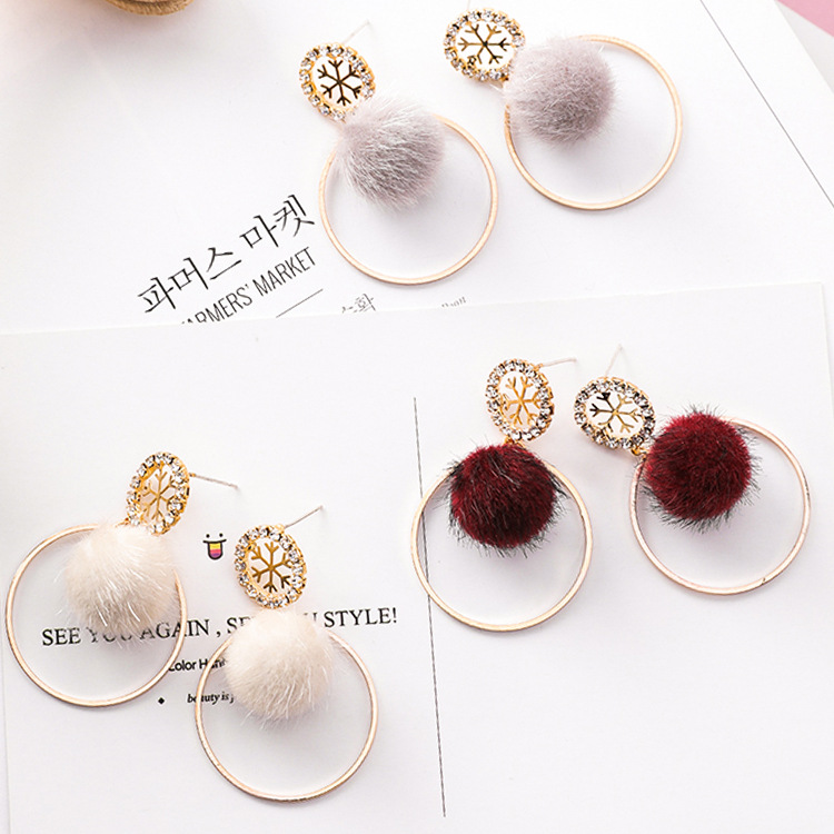 Geometric ring snowflake earrings simple personality plush ball earrings