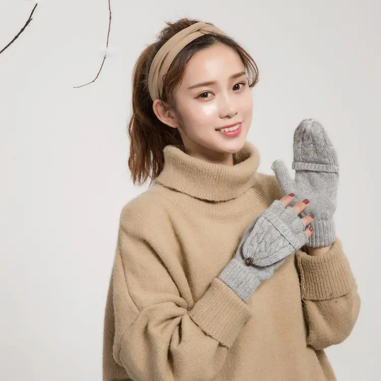 Wool Ladies Flip Gloves Double Braided Dual-use Warm Half