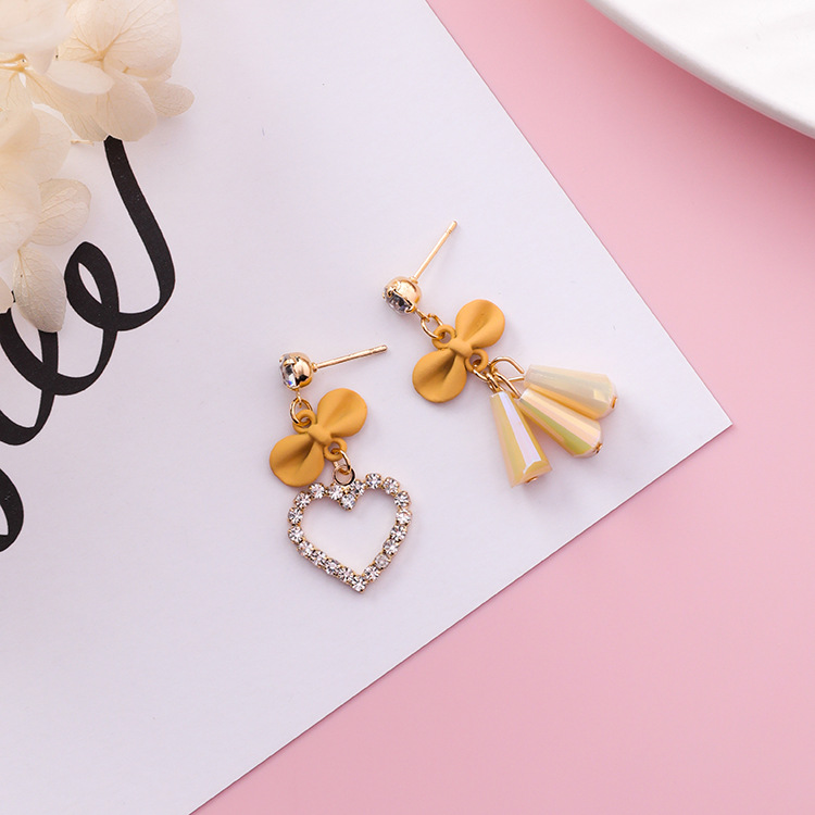 Diamond Love Bow Asymmetric Earrings Clear Crystal Fringe Earrings