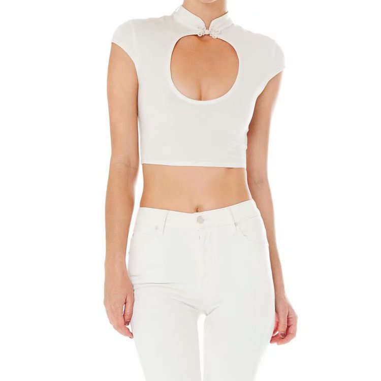 Chest round openwork sexy bare-chested tight-fitting navel short-sleeved T-shirt