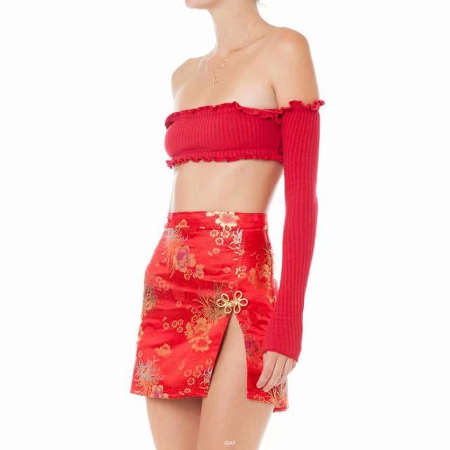 Retro cheongsam bag hip skirt female side slit print high waist step skirt