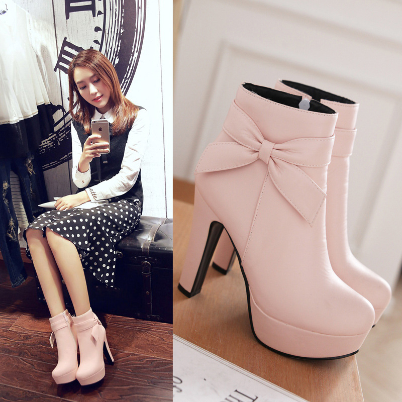 Bow thick and high waterproof platform women's ankle boots