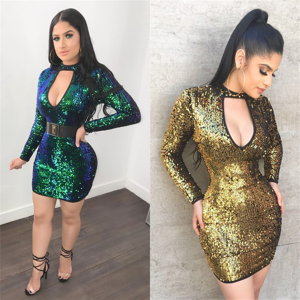 European and American gradient sequined slim low-cut dress