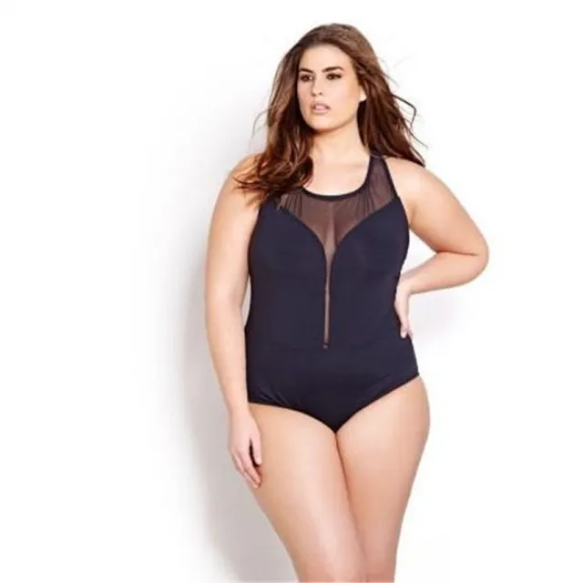 Large size swimsuit European and American women's fat woman plus fat multi network gauze stitching solid color one piece swimsuit Black - Shop at LoveMi