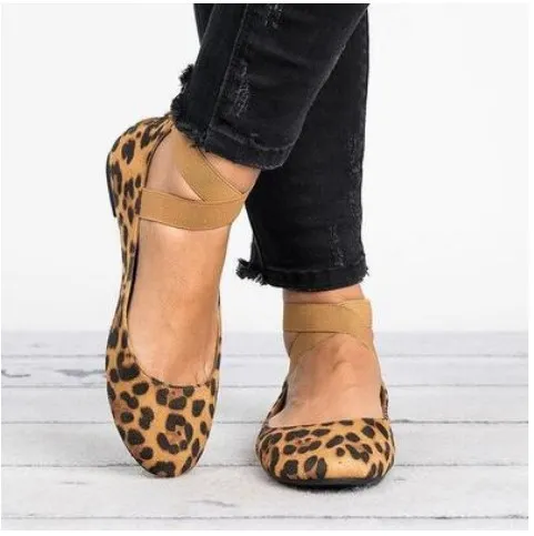 Women Spring Autumn Leopard Print Casual Fashion Soft Round Toe Solid Elastic Strap Flat Shoes Leopard - Shop at LoveMi