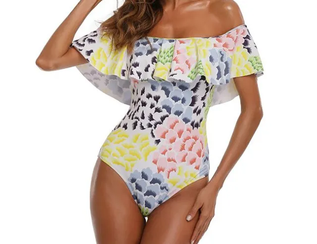 European and American Swimwear Big One Shoulder Shell Print European and American One Piece Bikini Yellow - Shop at LoveMi